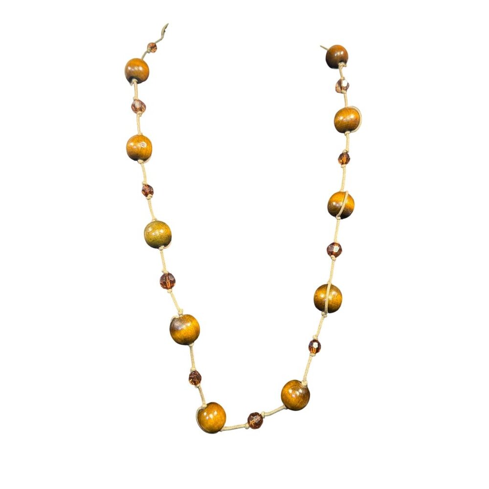 Vintage Wooden & Amber Beaded Necklace With Beige Cord And Lobster Clasp